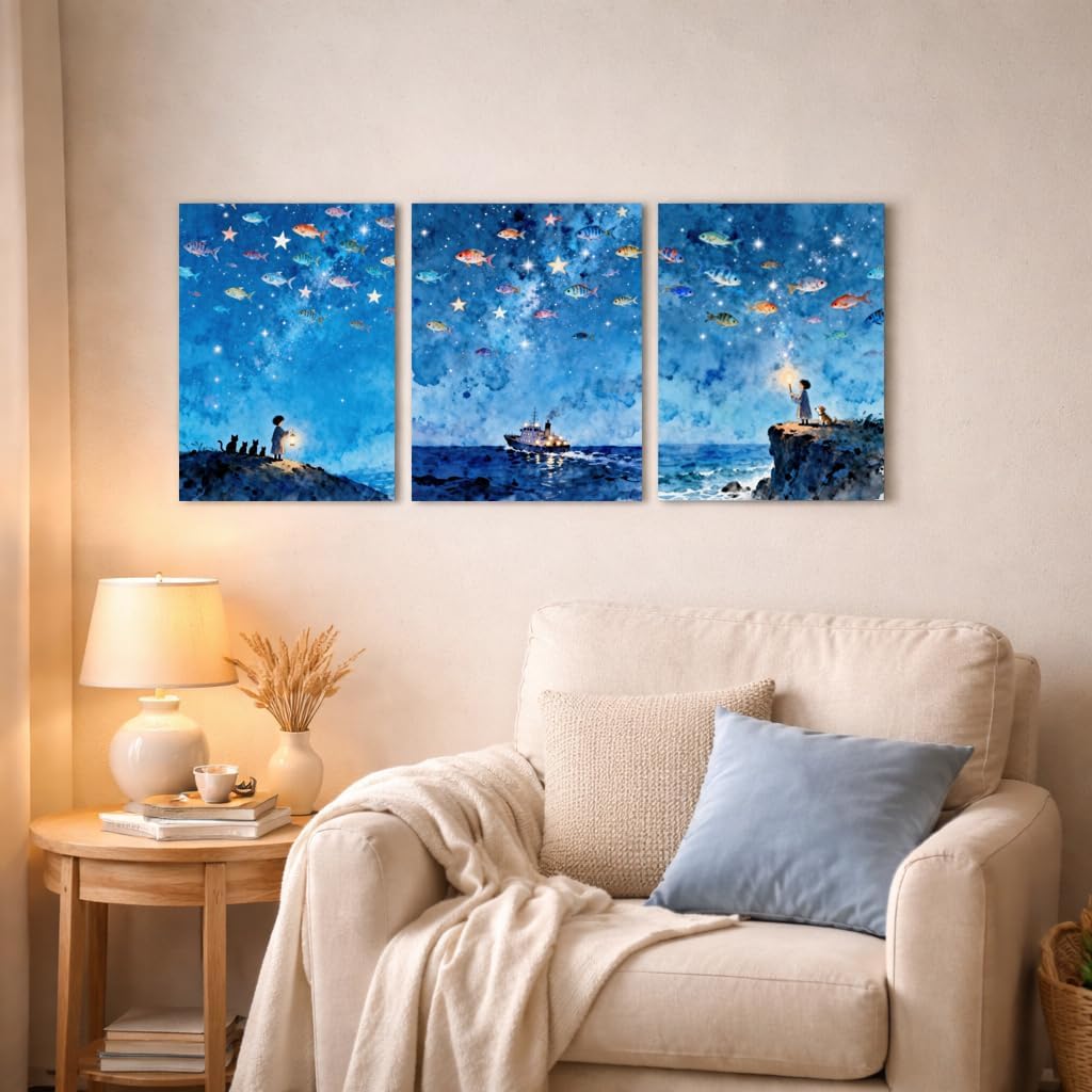 Artiluxy Dreamy Ocean Canvas Wall Art Set of 3 – 12×16in Fantasy Starry Sea Prints – Blue Imagination Artwork for Living Room, Bedroom or Nursery, Ready to Hang