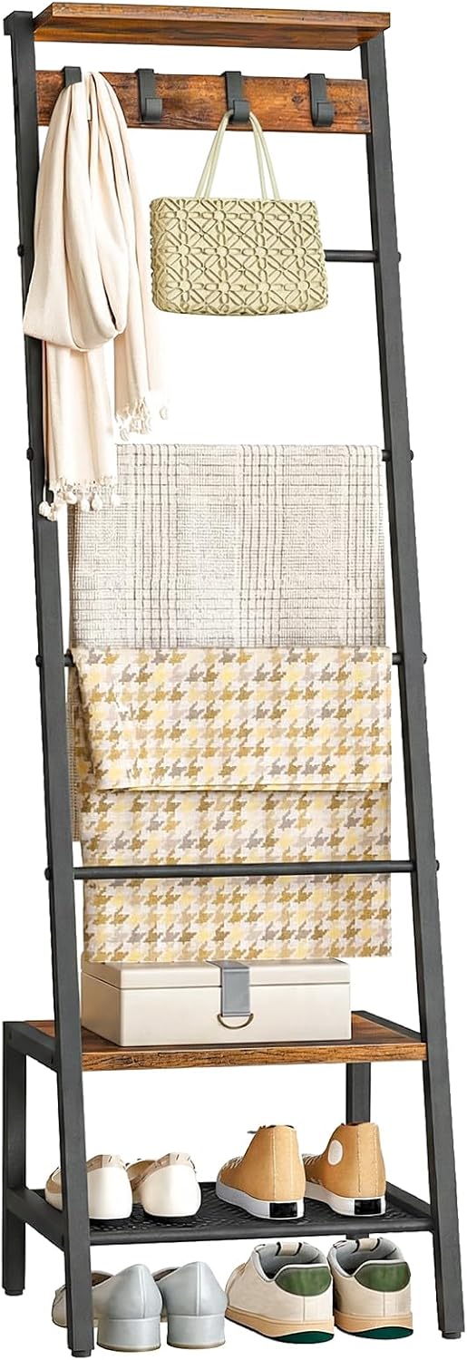 HOOBRO Blanket Ladder, 7-Tier Giraffe Shape Towel Rack for Living Room and Bedroom, 63.4" H Decorative Ladder Shelf with Hooks, Metal Frame, Industrial Style, Rustic Brown and Black BF13CJ01