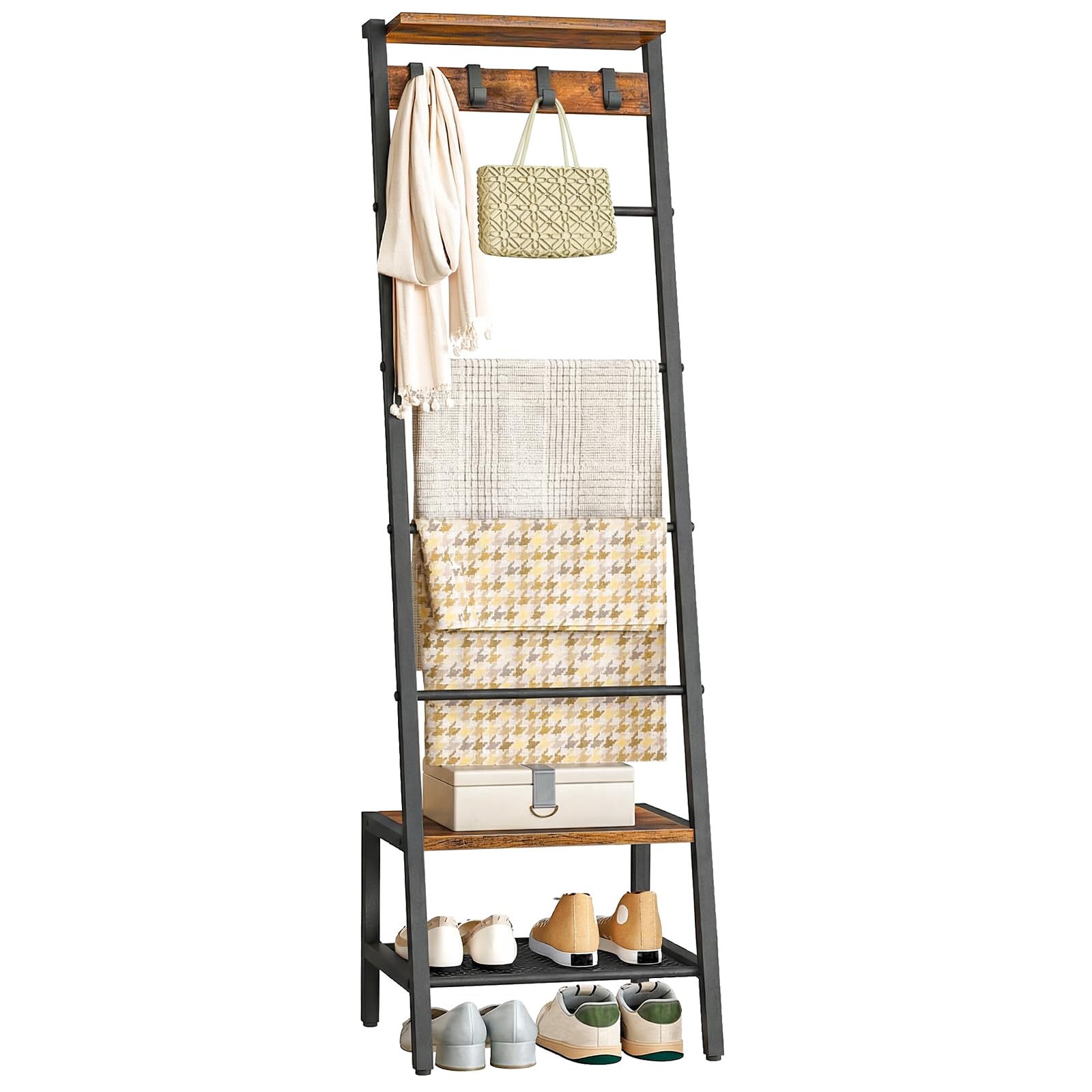 HOOBRO Blanket Ladder, Towel Rack for Living Room and Bedroom, Decorative Ladder Shelf with Hooks, Metal Frame, Giraffe Shape, Industrial Style, Rustic Brown and Black EBF13CJ01