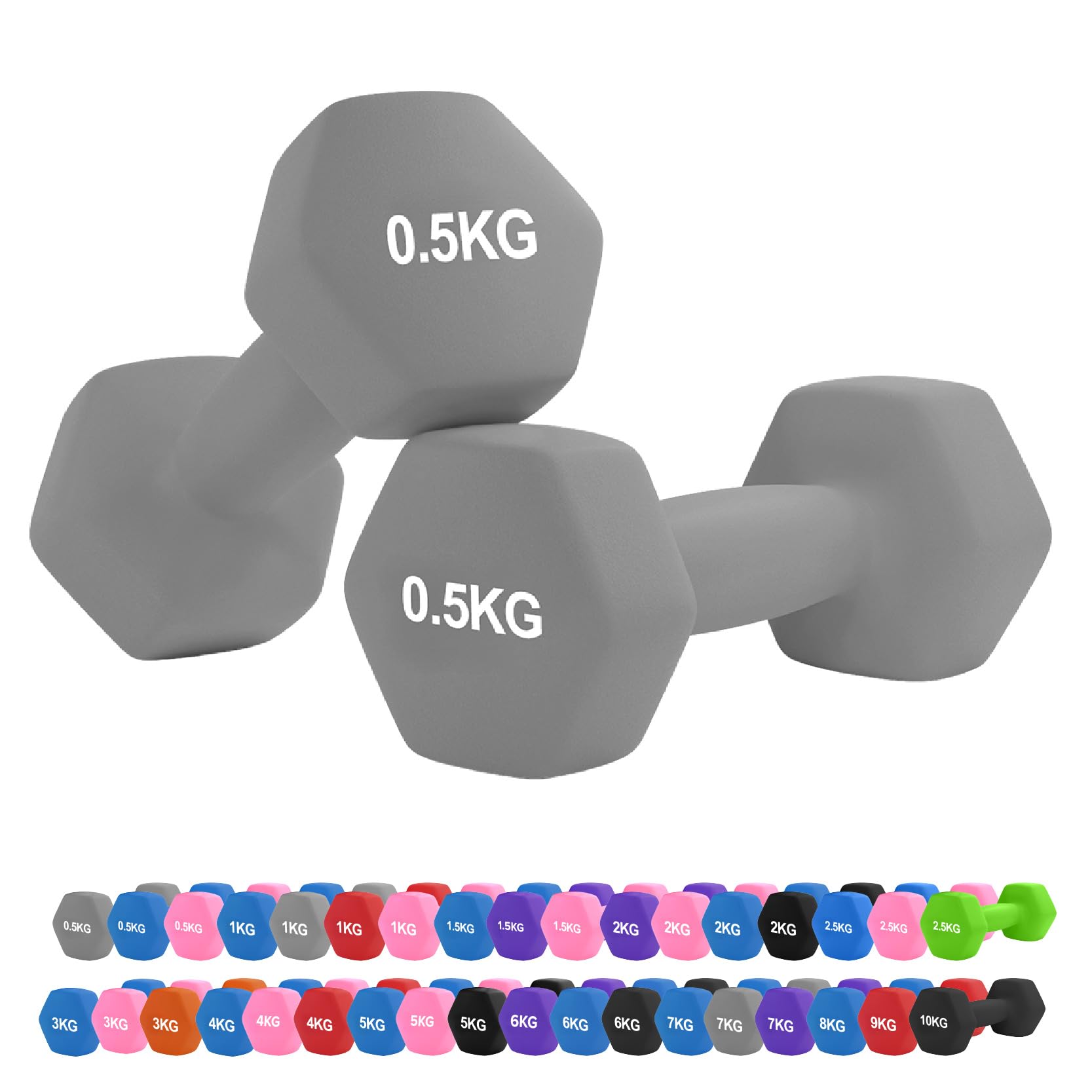 Neoprene Hex Dumbbell Set 0.5–10kg – Non-Slip Comfort Grip Hand Weights for Home Gym, Strength Training, Full-Body Workouts, HIIT, CrossFit, Pilates (0.5Kg Pair-Gray)