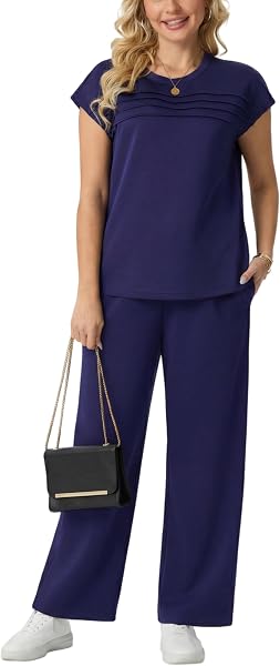 GRECERELLE Tuta da donna estiva da viaggio in due pezzi tuta da donna set completo a maniche corte casual girocollo manica ad aletta anteriore Plisse set abbinati pantaloni a gamba larga - 3