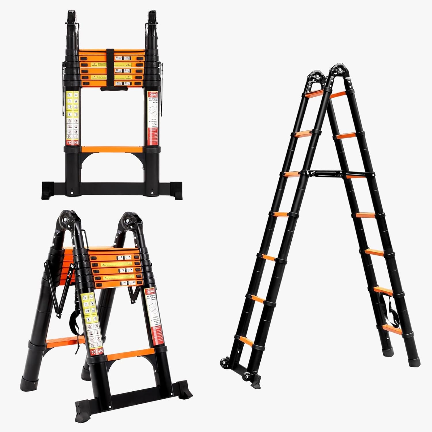 A Type Telescoping Ladder, Lightweight Extension Ladder w/Triangle Stabilizers, Stabilizer Bar & Movable Wheels, Aluminum Telescopic Ladder (14.5FT) Orange & Black 14.5FT