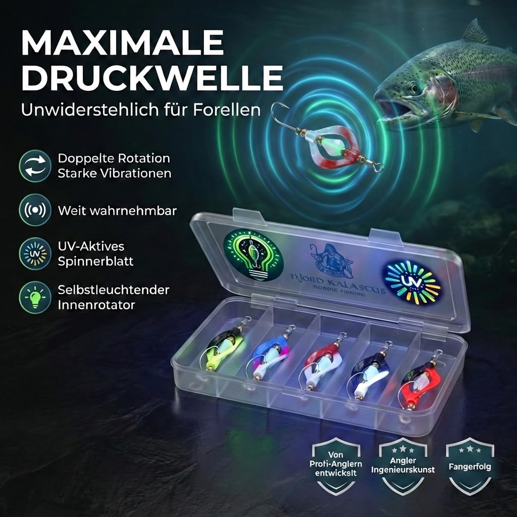 Double Spoon - Lot de 5 cuillères à truite actives UV et phosphorescentes (3,5 g) - 5 cm - Twister Spinner - Pour truite, pêche, truite