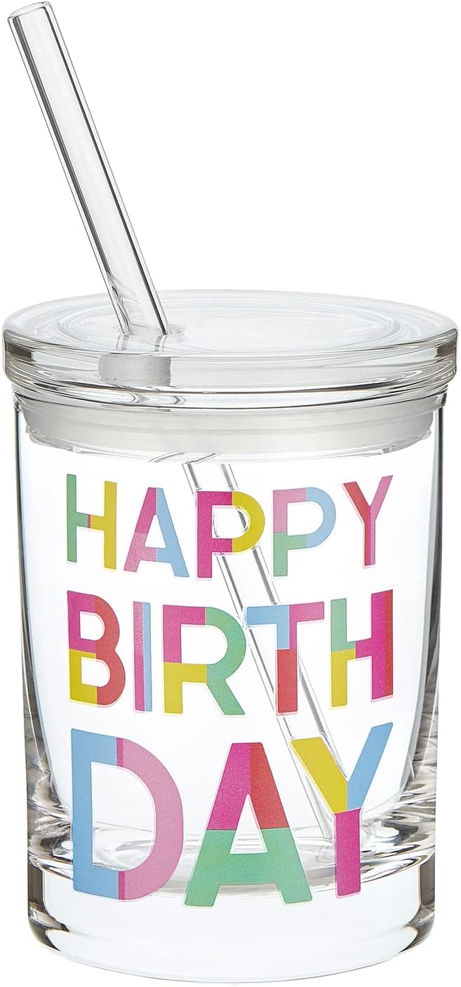 Slant Collections Birthday Glass With Lid and Glass Straw Double-Old Fashioned Cocktail Glass, 10-Ounces, Happy Birthday