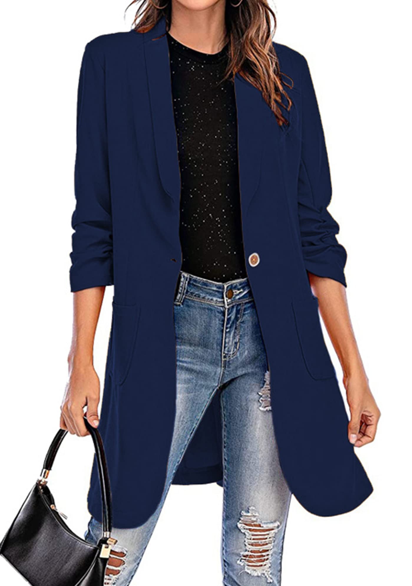 ZICUE Womens Casual Solid Color Long Blazer Lapel One Button Jackets