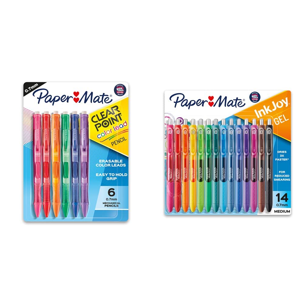 Paper Mate Clearpoint Mechanical Pencils, 0.7 mm Lead Pencil, Black Barrel, Refillable, 6 Pack & Gel Pens InkJoy Pens, Medium Point, Assorted, 14 Count