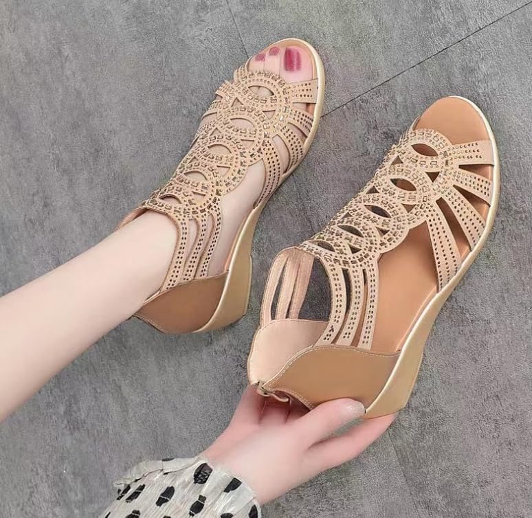 Mid-Heel Breathable Wedge Sandals Chic Summer Rhinestone Wedge Sandals for Women - Open Toe, Back Zipper, Breathable Fabric, Mid-Heel3