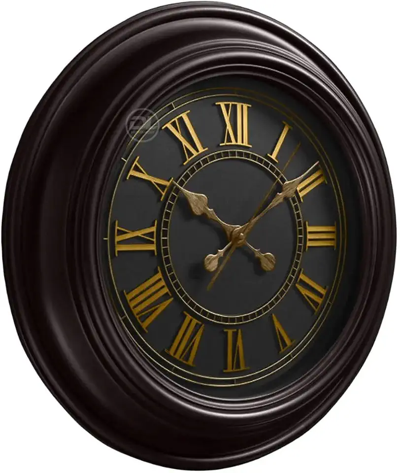 Relógio de Parede Marrom com Fundo Preto Algarismos Romanos em Relevo Vidro Frontal Estilo Vintage Para Decoração Elegante e Sofisticada