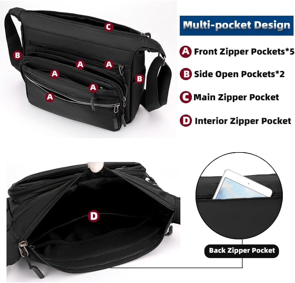 Mudono Messenger Bag for Men Nylon Waterproof Shoulder Bag Multi-pocket Crossbody Bag Daily Travel Bag Lightweight Satchel