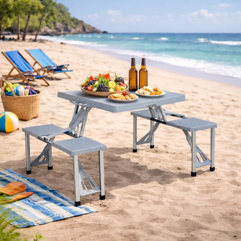 Tavolo Pieghevole con Panche 85,5 x 65 x h 67 cm - da Campeggio, Picnic, per Spiaggia, Salvaspazio, Maniglia di Trasporto, Struttura Acciaio, Richiudibile - Colore grigio