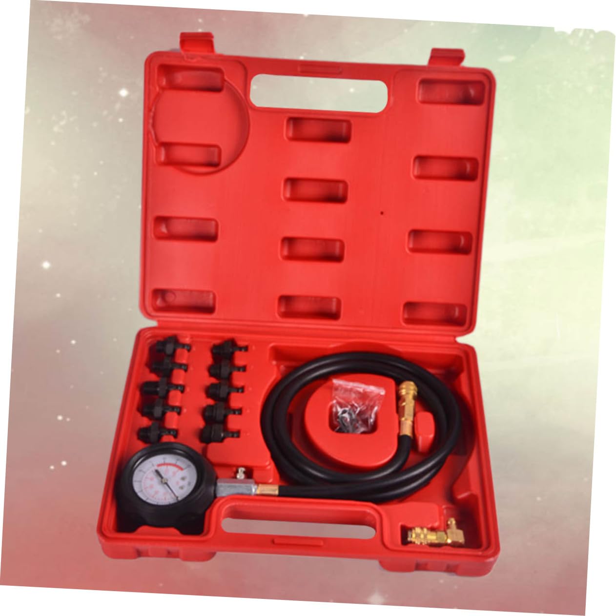 Manometro Pressione Olio Motore Auto, Kit Tester Rosso | Metallo e Plastica, Custodia Rigida Inclusa, Adattatore a 90 Gradi, Tubo e Raccordi per Motori Benzina