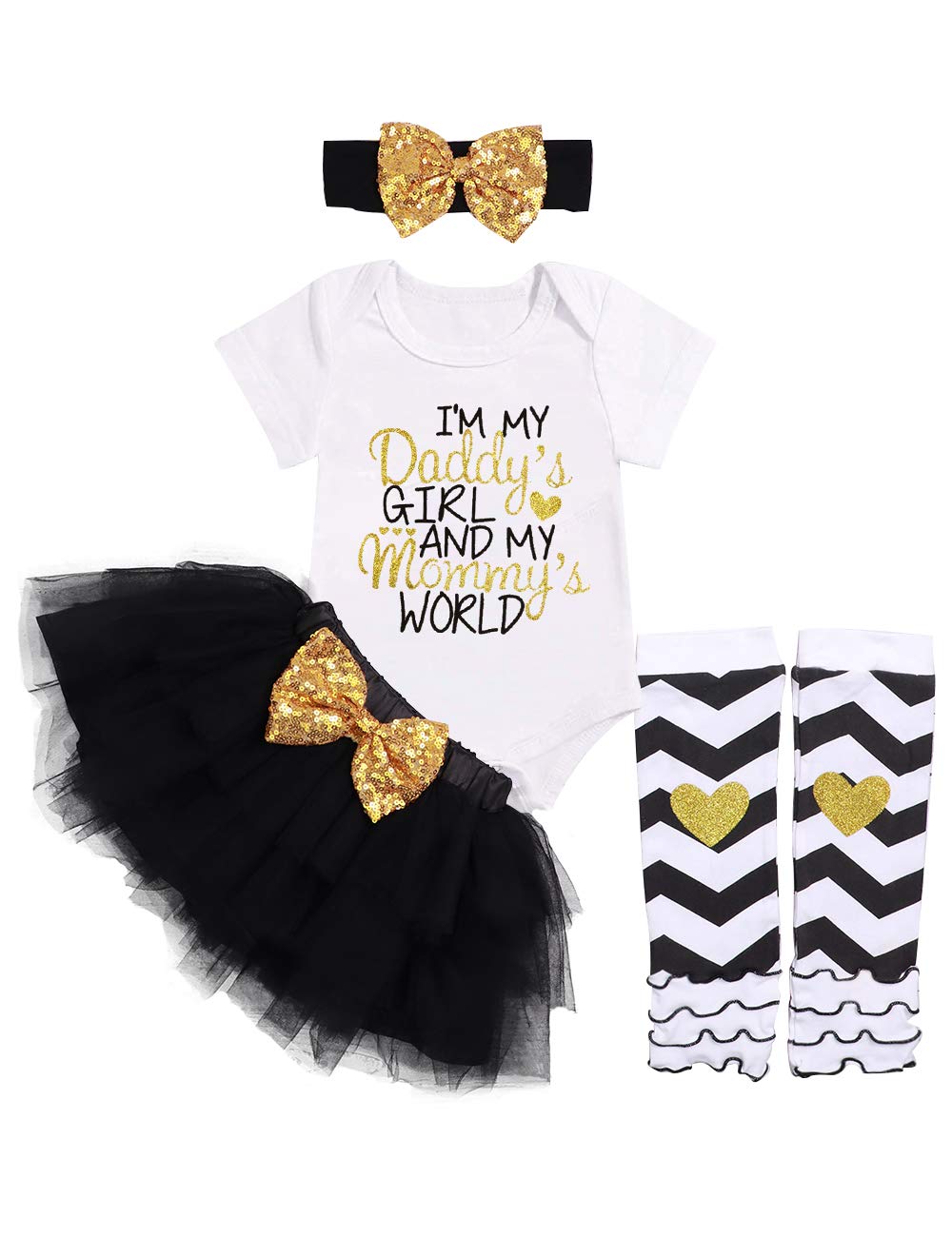 Newborn Baby Girl Clothes Daddy Mommy Short Sleeve Bodysuit Tulle Sequin Tutu Skirt with Headband Legging 4PC Outfit Set