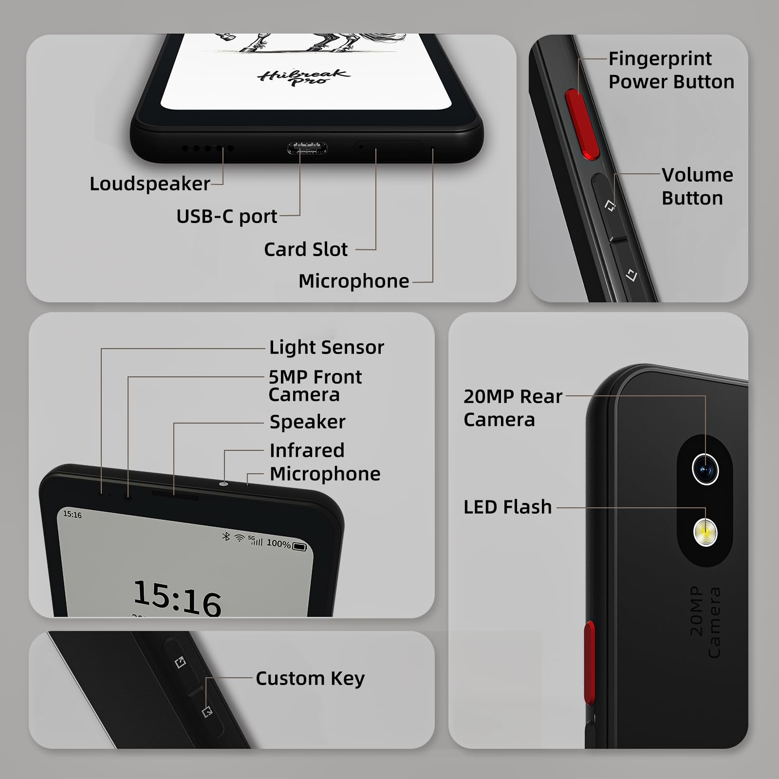 Bigme HiBreak Pro 6,13" Epaper Telefon Komórkowy 8+256 GB Android 14 OS Smartfon, 5G Dual SIM, GPS, Czarny