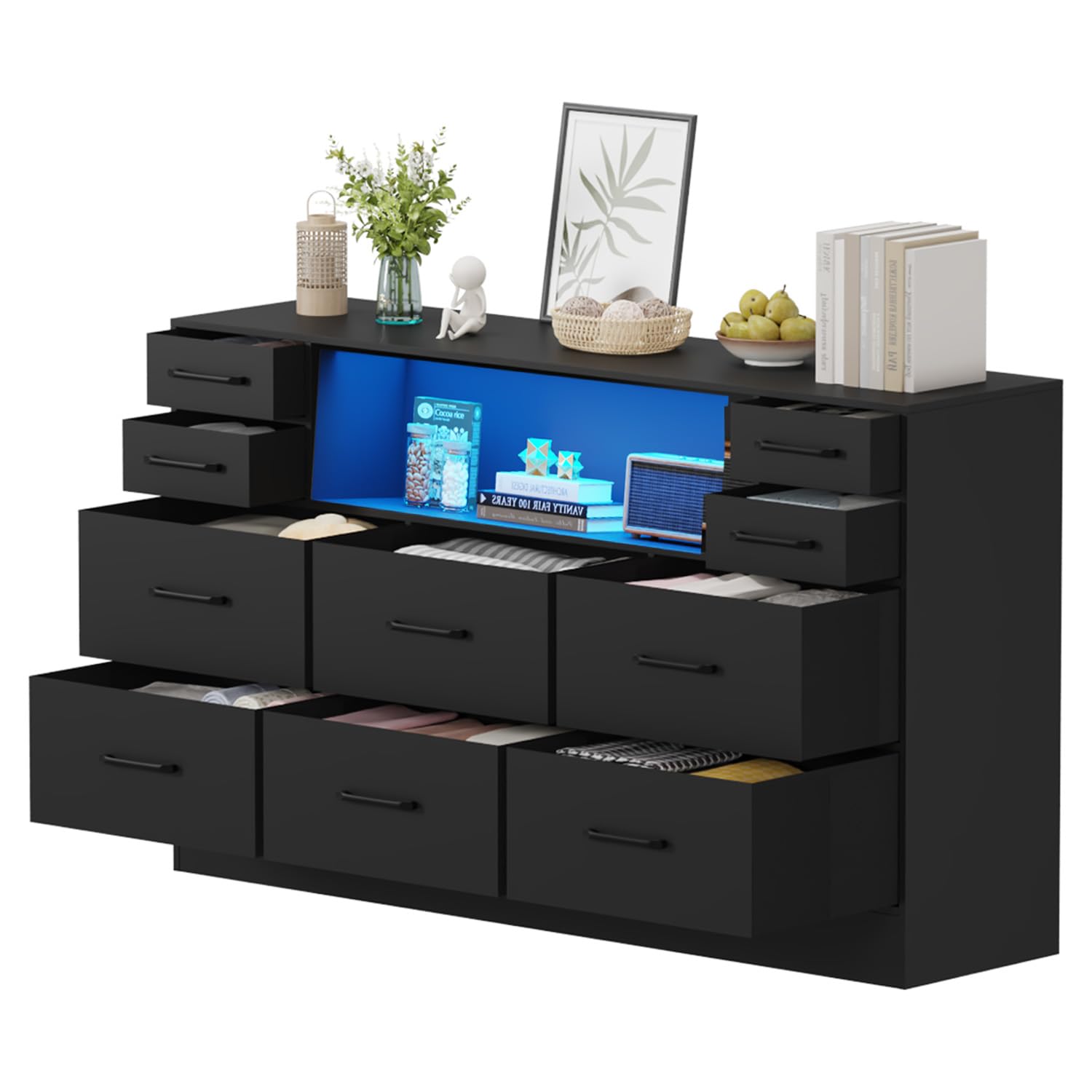 Chest of Drawers 10 Fabric Drawers Cabinet with Wood Top Dresser with 16 Color LED Lights Large Storage Cabinet Sturdy Storage Organizer with Handle for Bedroom Living Room Kids Room (Black)