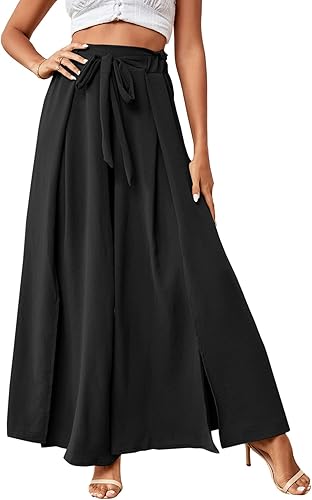 Miniatura 5 de LYANER Pantalón plisado de pierna ancha fluida con cinturón para mujer, con abertura lateral, cintura alta, con lazo frontal