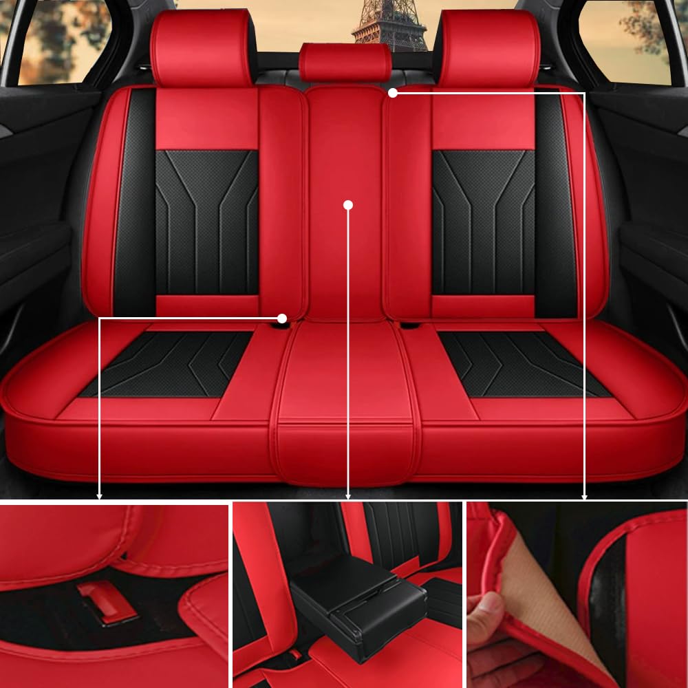 Lot Complet de 5 Housses de Siège Auto en Similicuir Imperméable et Respirant Protection contre les Griffes d'Animaux Compatible Airbags pour Ford Edge Fiesta Focus Ka+ plus Kuga Mondeo Puma (Rouge)