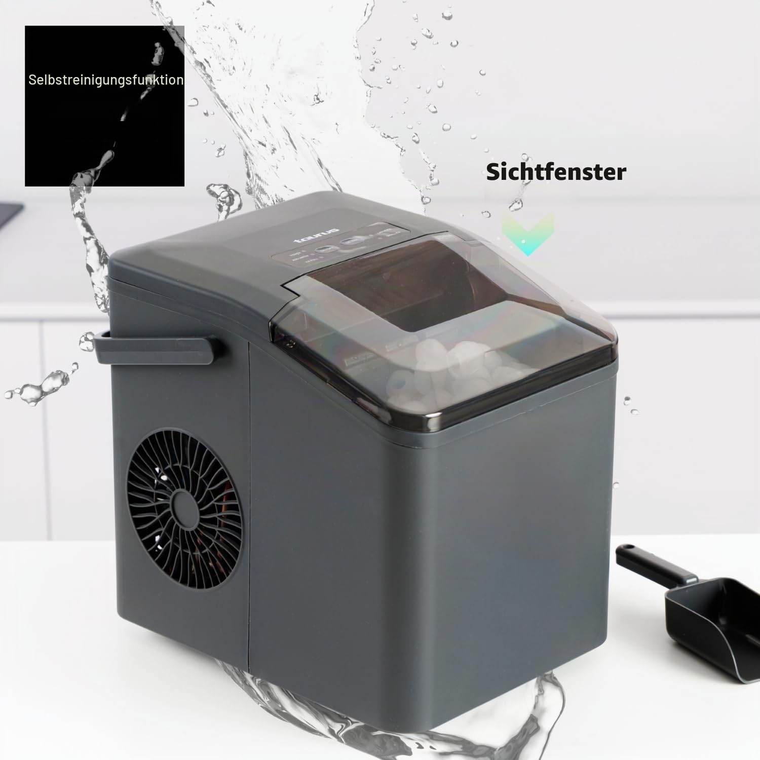 Taurus - Eiswürfelmaschine 130 W | 12 kg/24 h | 6 Min. | 2 Größen (groß/klein) | ultraleise | Selbstreinigung | Sichtfenster | tragbar