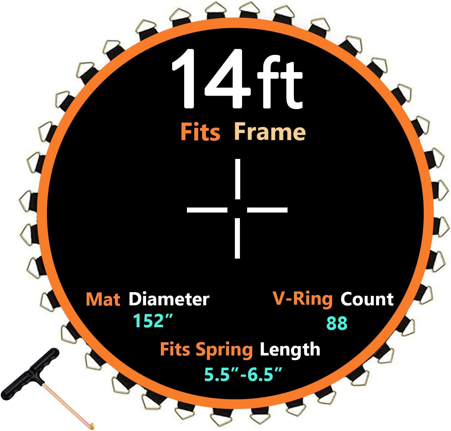 Trampoline Mat Replacement, Dia:152", Fits 14ft Frame, with 80/72/88 V-Rings for Choose and Spring Tool, Fits 5.5" Springs, Reinforce, UV-Resistant