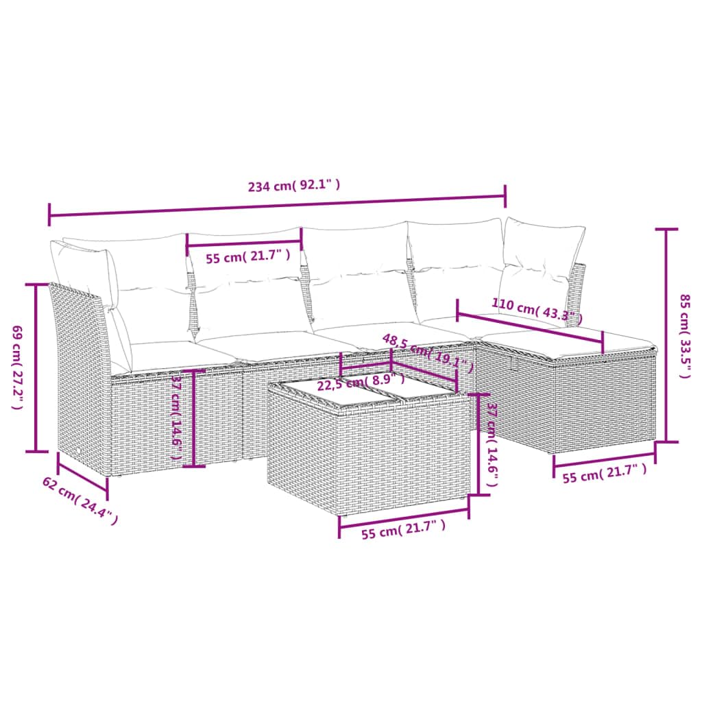 Juego de 6 sofás de jardín con cojines gris claro de poliratán, diseño modular con fundas extraíbles y marco de acero estable, resistente a la intemperie, muebles de ratán sintético para