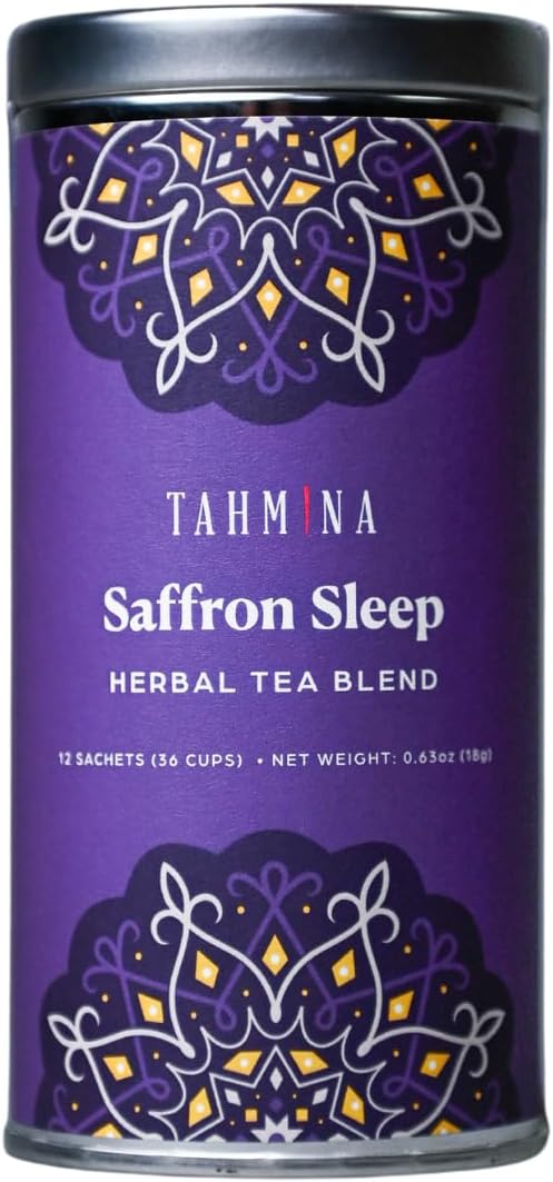 Tahmina Saffron Sleep Caffeine Free Tea: Soothing Chamomile and Lavender with Saffron, 12 Biodegradable Pyramid Tea Bags, Makes 36 Cups of Tea (1 Pack)