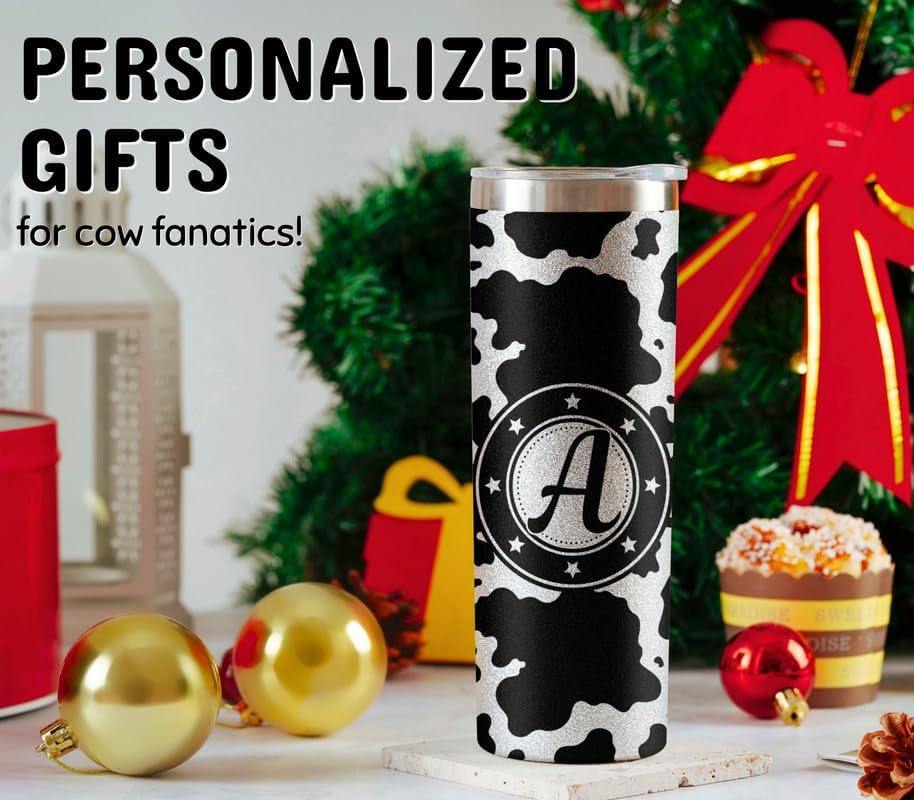 Onebttl Personalized Cow Print Gifts, Cow Gifts for Women on Birthday, Christmas - Cow Print Tumbler, Cup - Glitter Black and White 20 oz Stainless Steel Tumbler with Initial - Letter R