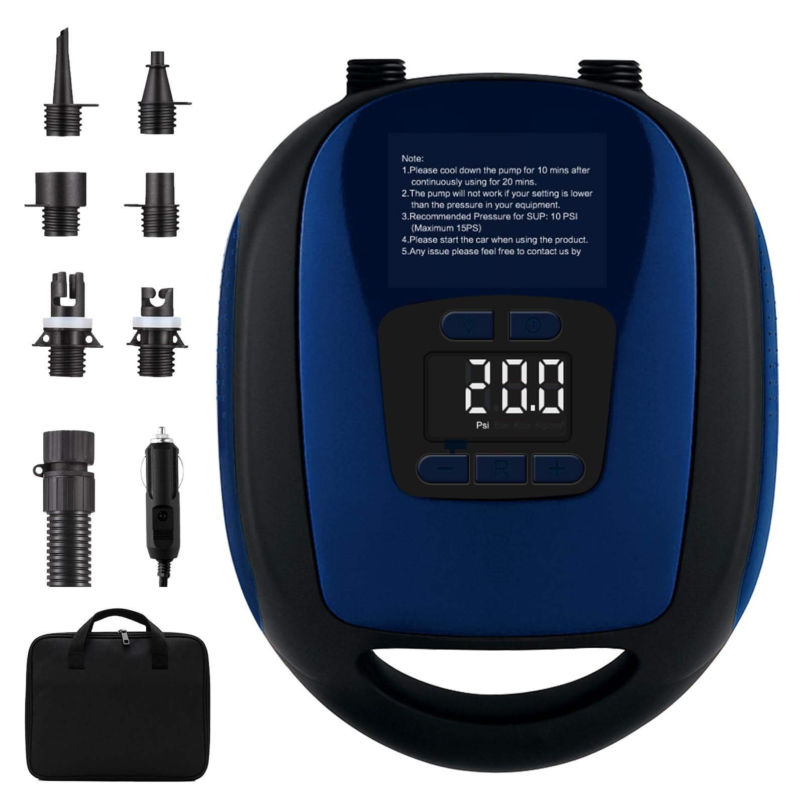Pompa elettrica per pagaia, 20 psi, gonfiaggio intelligente con spegnimento automatico, LCD regolabile digitale, pompa da 12 V con 5 ugelli per SUP e kayak gonfiabili