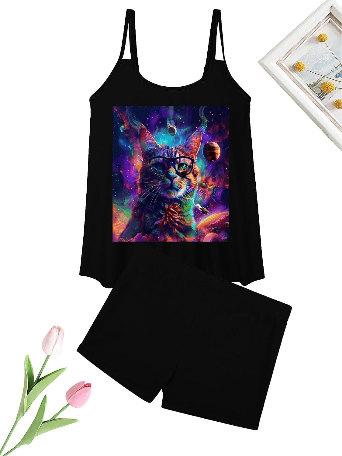 Cat Wearing Glasses Tankini Swimsuits for Women Tummy Control Two Piece Bathing Suits Swim Tops with Boy Shorts
