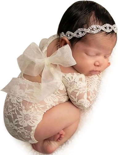 Miniatura 8 de ForBaysy Trajes de fotografía para recién nacidos, vestido de princesa para niñas, posando pops, mameluco de encaje con diadema de flores..