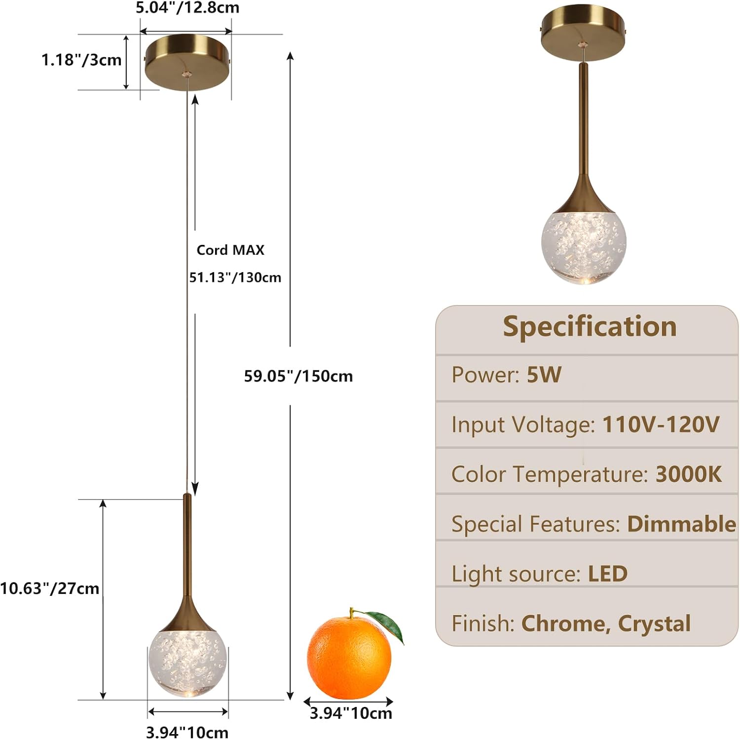 Brushed Brass Crystal Pendant Lights, Globe Bubble Crystal Ceiling Hanging Light Fixture, Dimmable LED Light Fixture for Kitchen Island Dining Room Bar Bedroom, 3000K