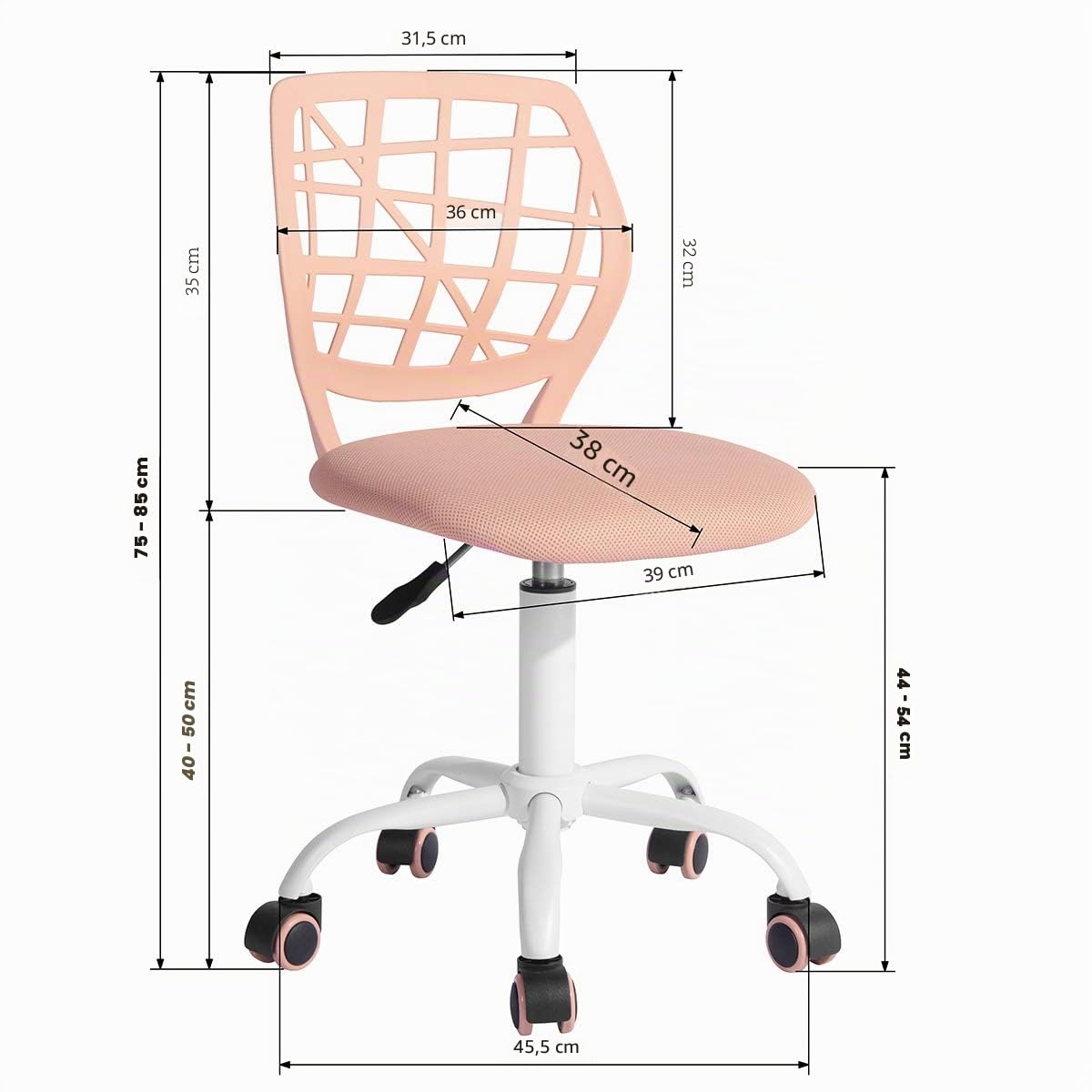 MEUBLE COSY Chaise de Bureau Ergonomique, Siège Pivotant, Réglable en Hauteur, Chaise Ordinateur sans Accoudoirs, pour Télétravail, Étude et Chambre, Rose Corail