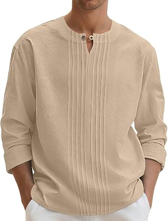 Mens Linen Shirts Casual Long Sleeve Pleated Front T-Shirt Button Henley Collared Loose Lightweight Pullover Top