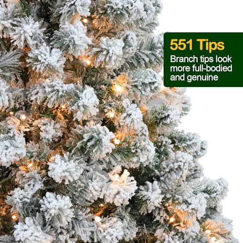 Image of Hykolity 6 ft Prelit Snow Flocked Christmas Tree, Artificial Christmas Tree with 250 Warm White LED Lights, 551 PVC Branch Tips, Easy Assembly with Metal Stand and Hinged Branches
