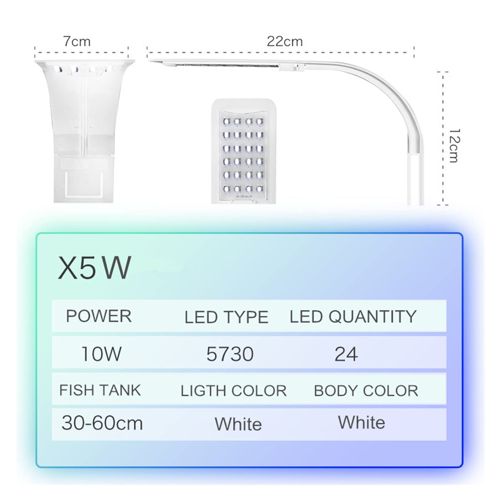 Super Slim LED Aquarium Light Lighting Plants Grow Light 5W / 10W / 15W Illuminazione per Piante acquatiche Lampada a Clip Impermeabile per Acquario (Color : X5 White Light)