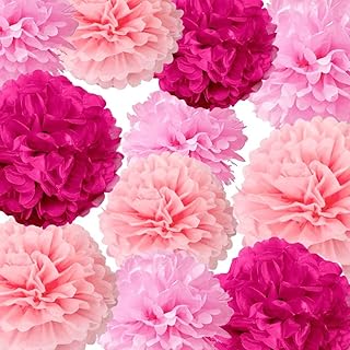GAKA Pink Tissue Paper Pom Poms Decorations 10 inch and 12 inch,12 Piece Set for Bachelorette Party or Baby Shower Girls Birthday Party Decor