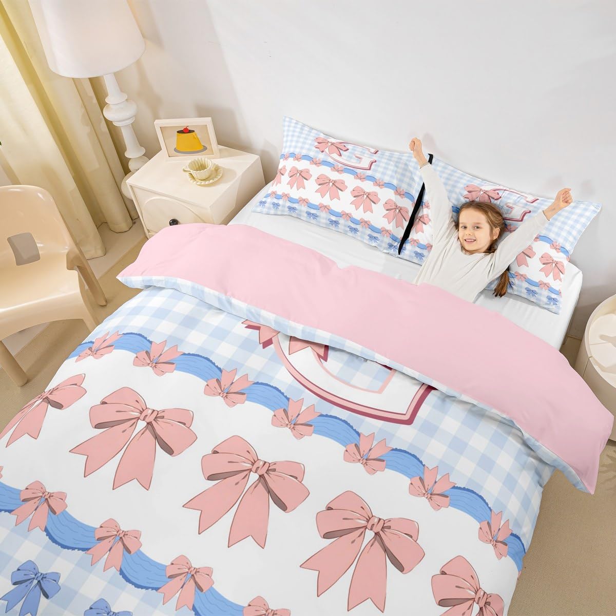 Lovely Bowknot Duvet Cover Set Toddler Size,Personalized Initial G Print Reversible Quilt Cover for Kids Boys Girls English Letter Pink Blue Bow Tie Bedding Set with 1 Pillowcase,No Comforter