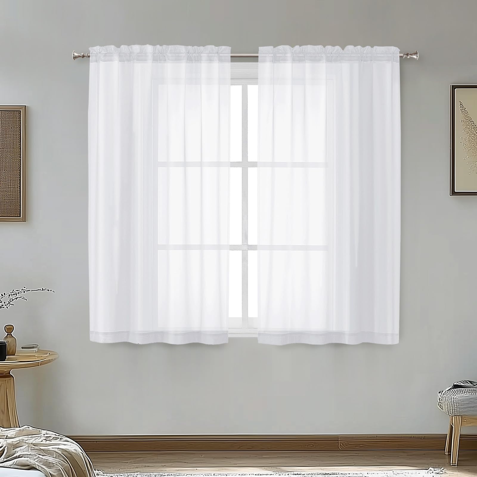 OVZME White Sheer Curtains 45 Inch Long 2 Panels, Rod Pocket Voile Drapes for Small Windows, Each 42 by 45 Inches.