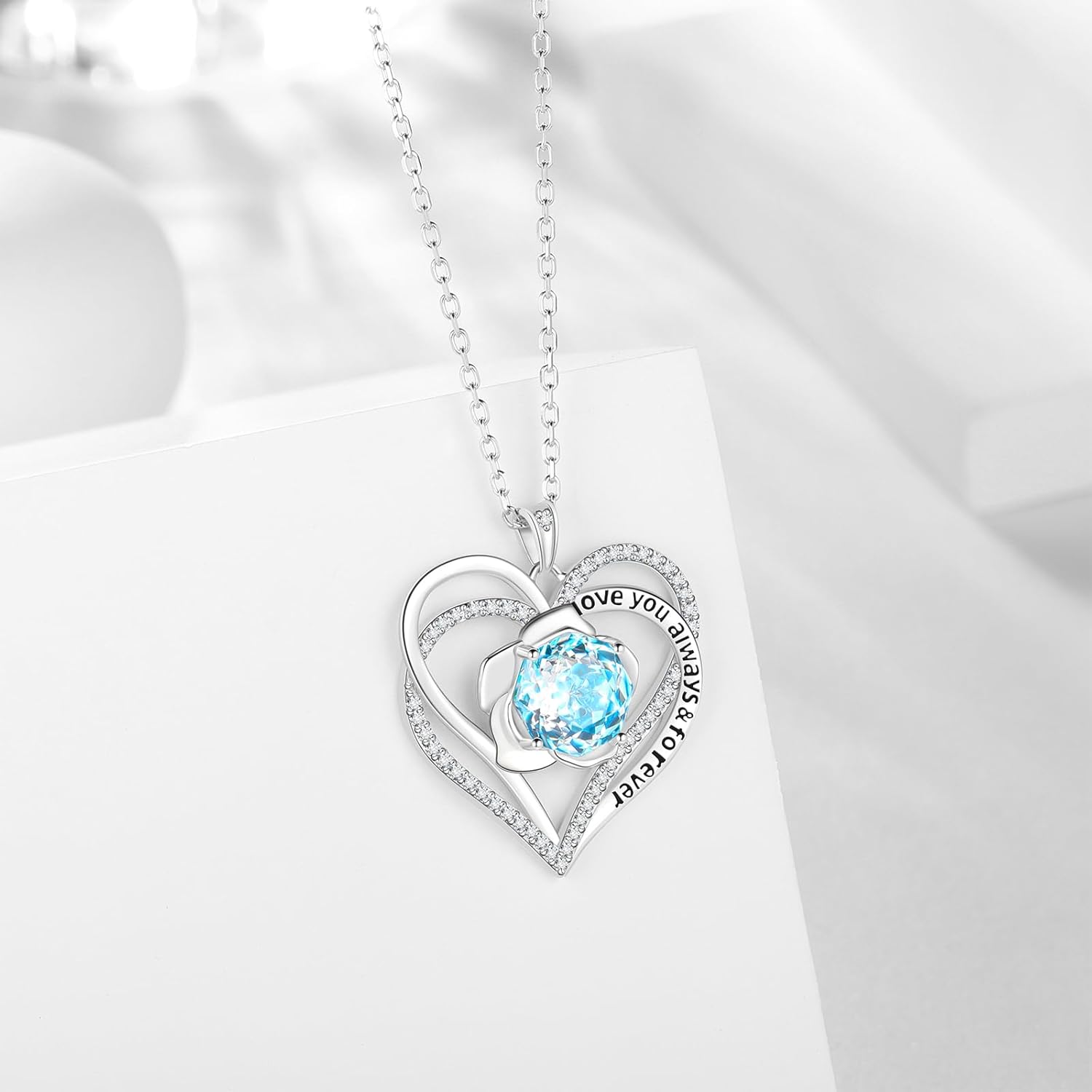 Aurora Tears Birthstone Love Heart Pendant Necklace - 925 Sterling Silver Rose Cut Cubic Zirconia I Love You Necklace Anniversary Birthday Jewelry Gift for Women Wife Mom Daughter