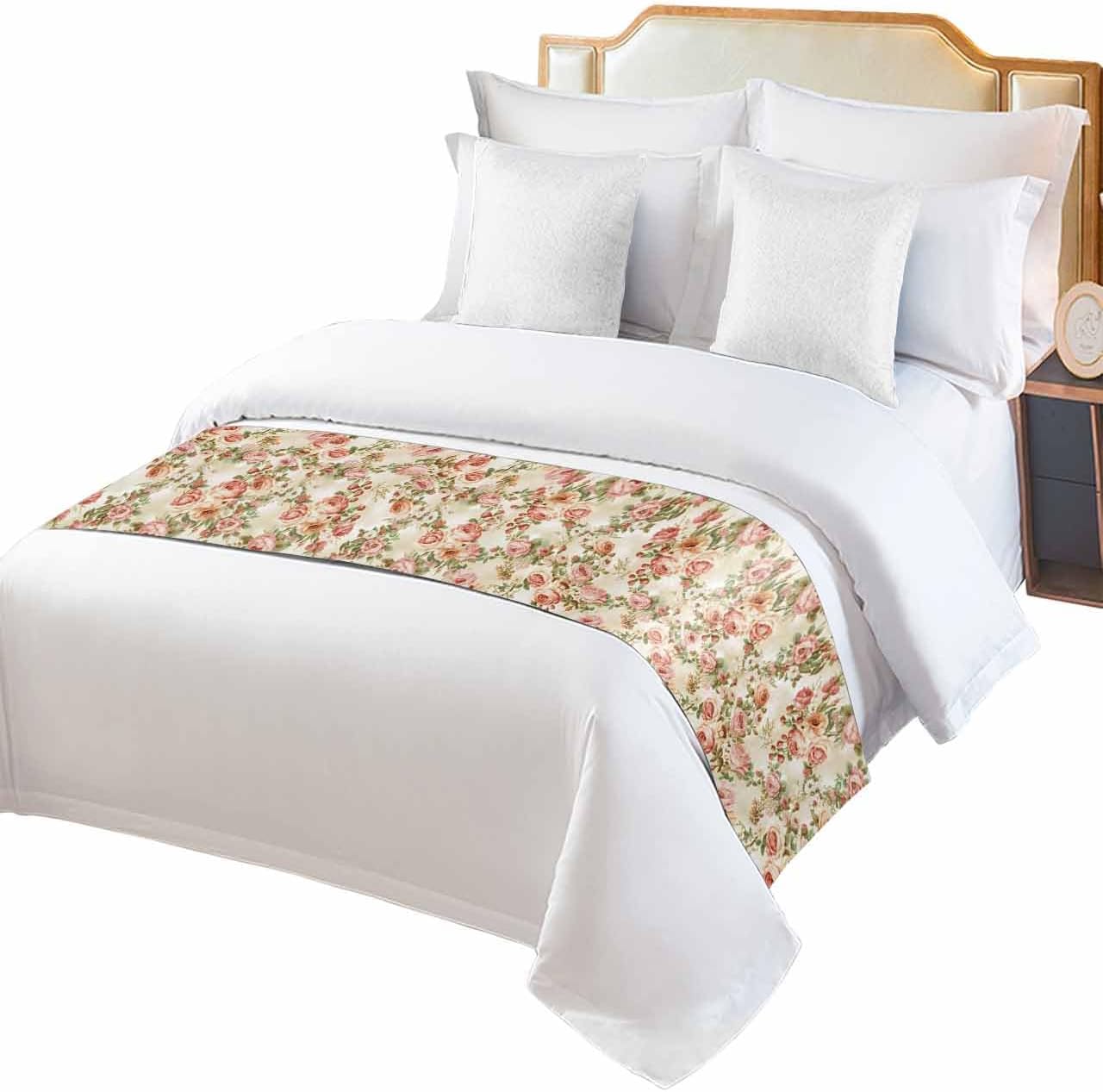Rose Flower Leaf Seamless Bed Runners for Bedroom Hotel,Decorative Bedding Scarf Classic Floral Watercolor Bed End Blanket Bedding Runner Scarves for Queen Size Beds,94x20in