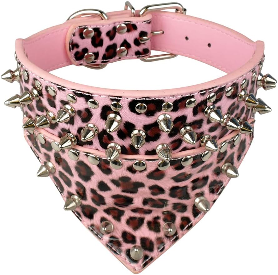 Leather Dog Bandana Scarf Bibs Collar Spikes Spiked Dog Collar Leather Pet Dogs Collar for Medium Large Pet Pitbull Brown S