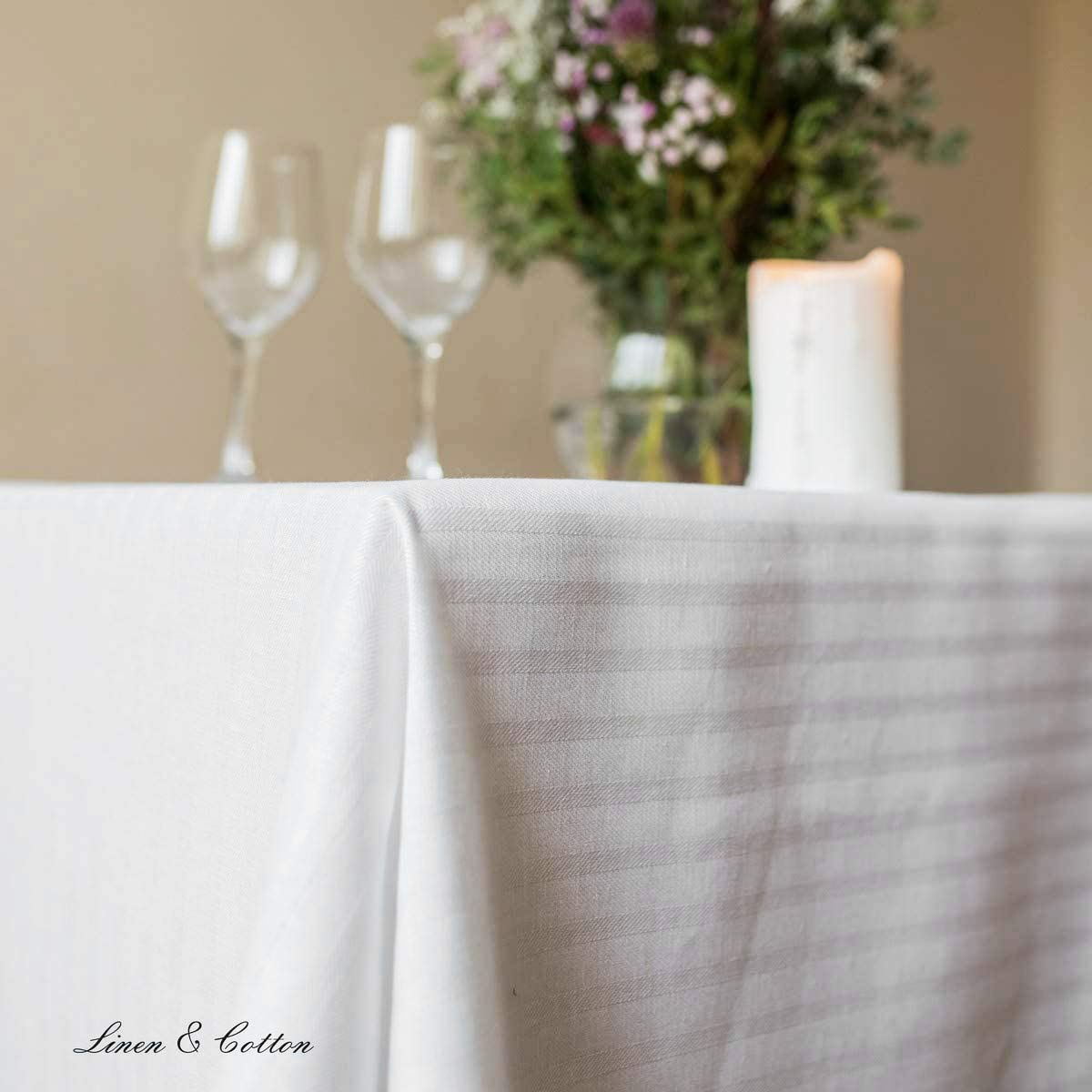 Linen & Cotton Mantel de Tela Jacquard Elegante Jasmine a Rayas - 48% Lino, 52% Algodón, Blanco (140 x 220 cm) Paño de Mesa Rectangular para Boda Recepciones Cumpleaños Banquete Restaurante Cena