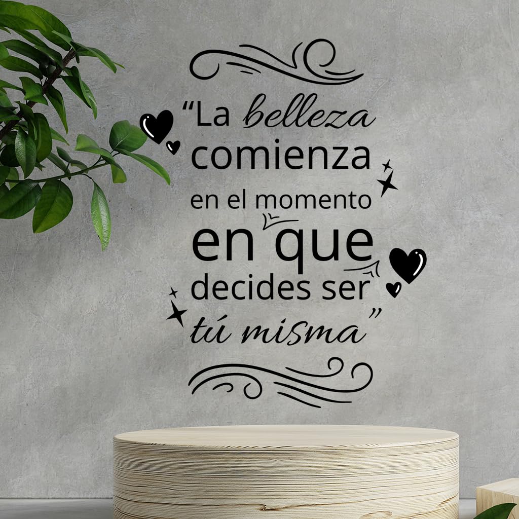 Pegatina Decorativa Peluquería Vinilo decorar salón de peluquería y barber shop. Decoración salón belleza pegatinas pared (LA BELLEZA COMIENZA)