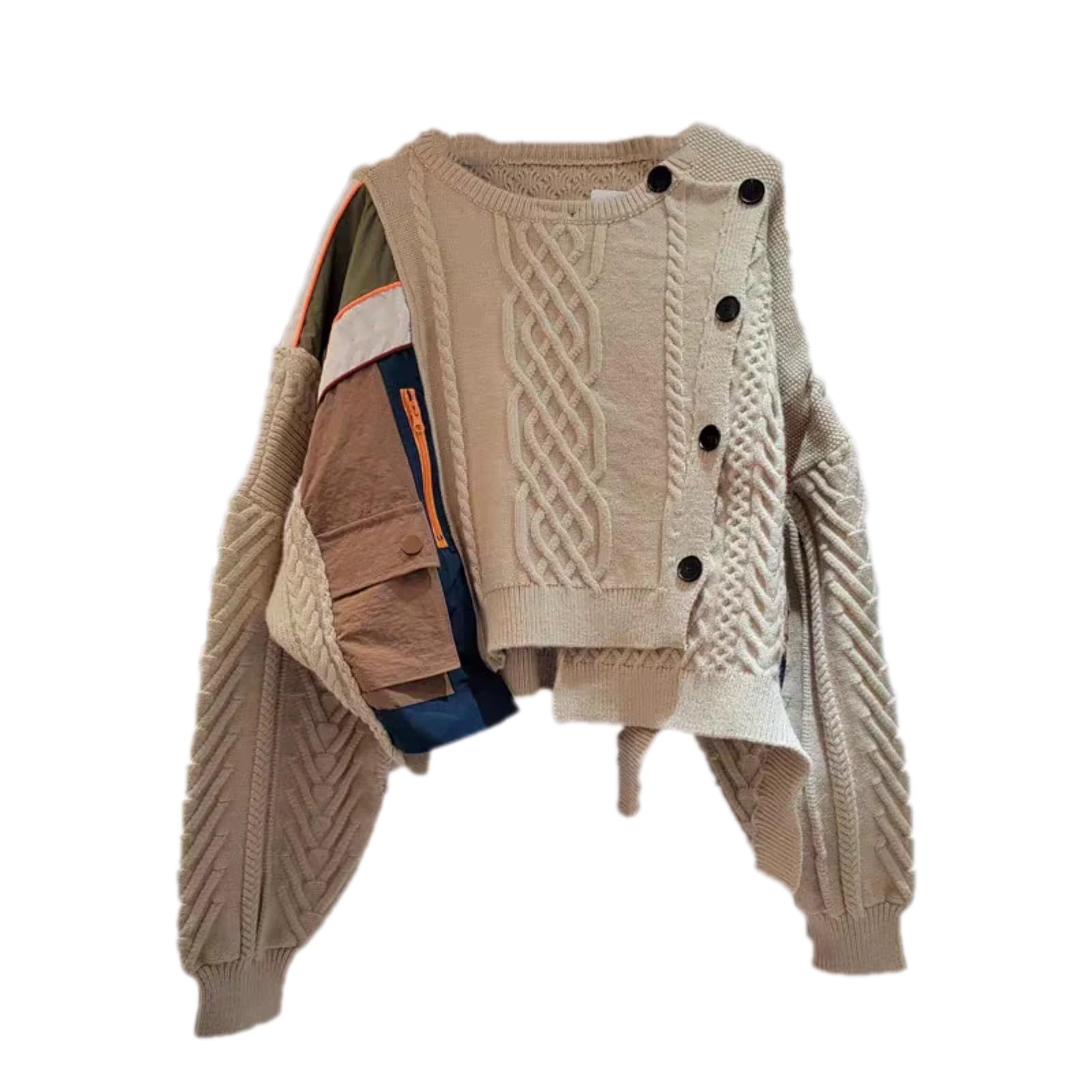Women Irregular Patchwork Single-Breasted Plaid Stripe Cardigan Sweater Contrast Color Warm O-Neck Long Sleeves Knitted Tops