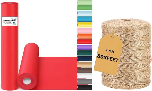 Vanhench Red Wrapping Paper & Natural Jute Twine String, Perfect for Wedding,Valentines Day,Birthday, Christmas,Baby Shower,DIY Bouquet
