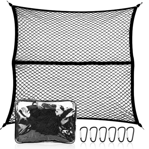 UIHOL Filet à Bagages pour Pick-up, Filet de Rangement Coffre de Voiture, Extensible Jusqu'à 120x120cm s’étire à 230x230cm, 6 Mousquetons, Bord élastique maintient Les Charges Plus fermement