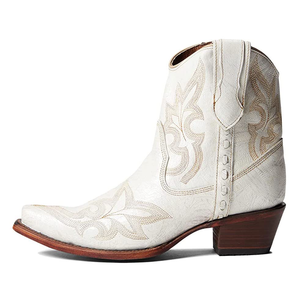 Corral Boots Womens Embroidery Zipper Ankle Boots Snip Toe Low Heel Cowhide Leather Western Cowboy Boots for Women