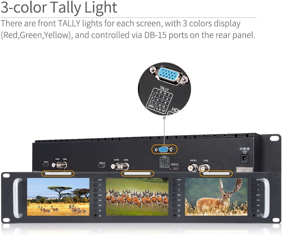 Image of FEELWORLD T51-H Triple 5 inch 2 RU Rack Mount Monitor 800x480 Broadcast LCD Monitor with HDMI AV Input and Output