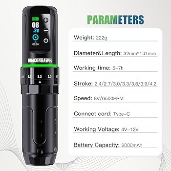 Dragonhawk ワイヤレスマシン Dragonhawk Wireless Tattoo Gun Rotary Pen Machine, Powerful