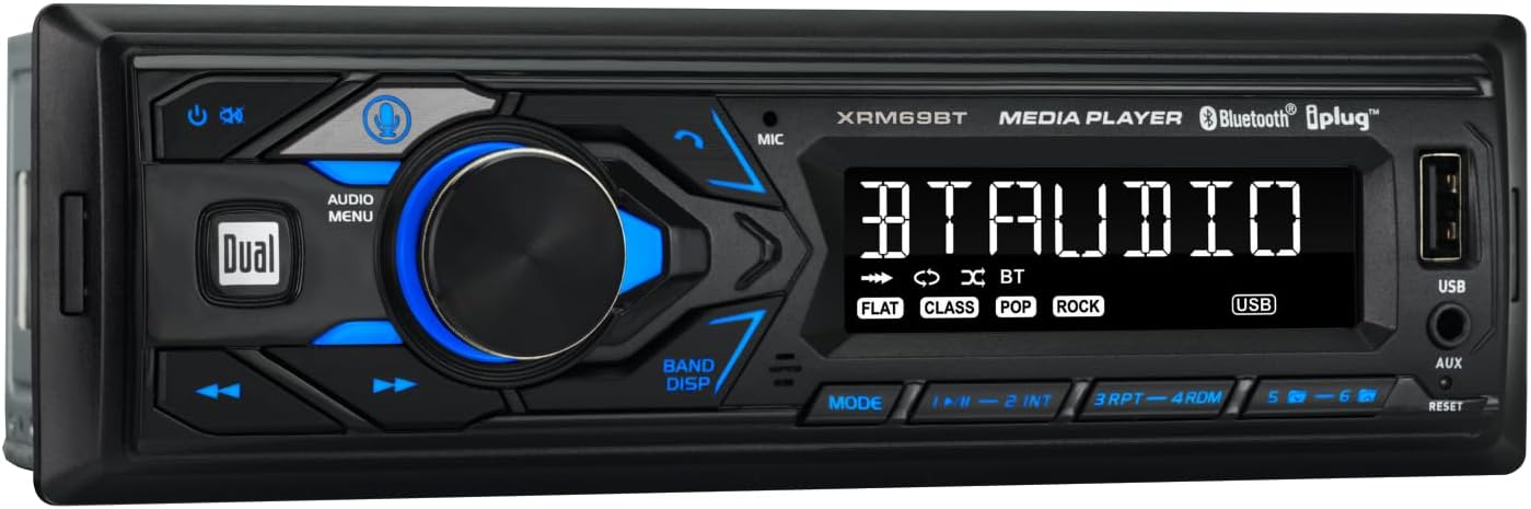 Dual XRM69BT 7-Character LCD Single DIN Car Stereo Radio | Push to Talk Assistant | Bluetooth Hands Free Calling & Music Streaming | AM/FM Radio | USB Playback & Charging | Not a CD Player