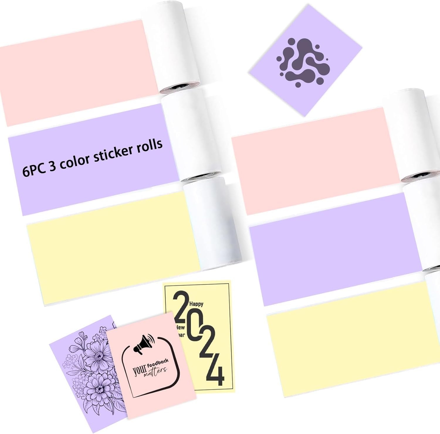 6 Rolls Colored Printer Paper, Self-Adhesive Thermal Paper with Black Character on Yellow/Purple/Pink Color Paper for Printer, 57mm x 25mm Sticker Printer Paper, 3 Color Thermal Labels - Image 6