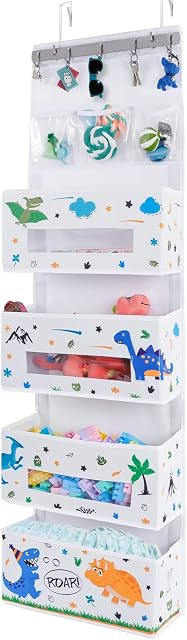 WERNNSAI Dinosaur Door Hanging Organizer - Over Door Storage with 4 Large Pockets 3 Clear Small Pockets for Kids 125 x 36 x 13 CM Baby Storage Toys Towels Sundries for Children Room Bedroom Kitchen